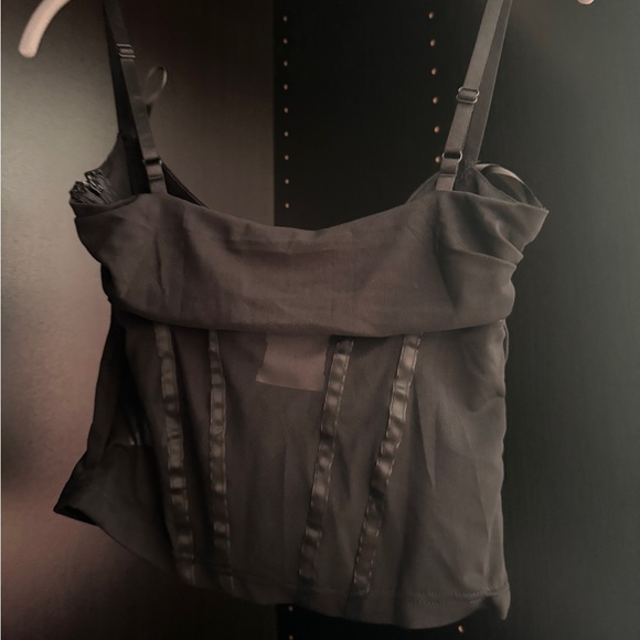 cute sheer mesh black tank top with bow ribbon detailing on straps - Picture 2 of 2